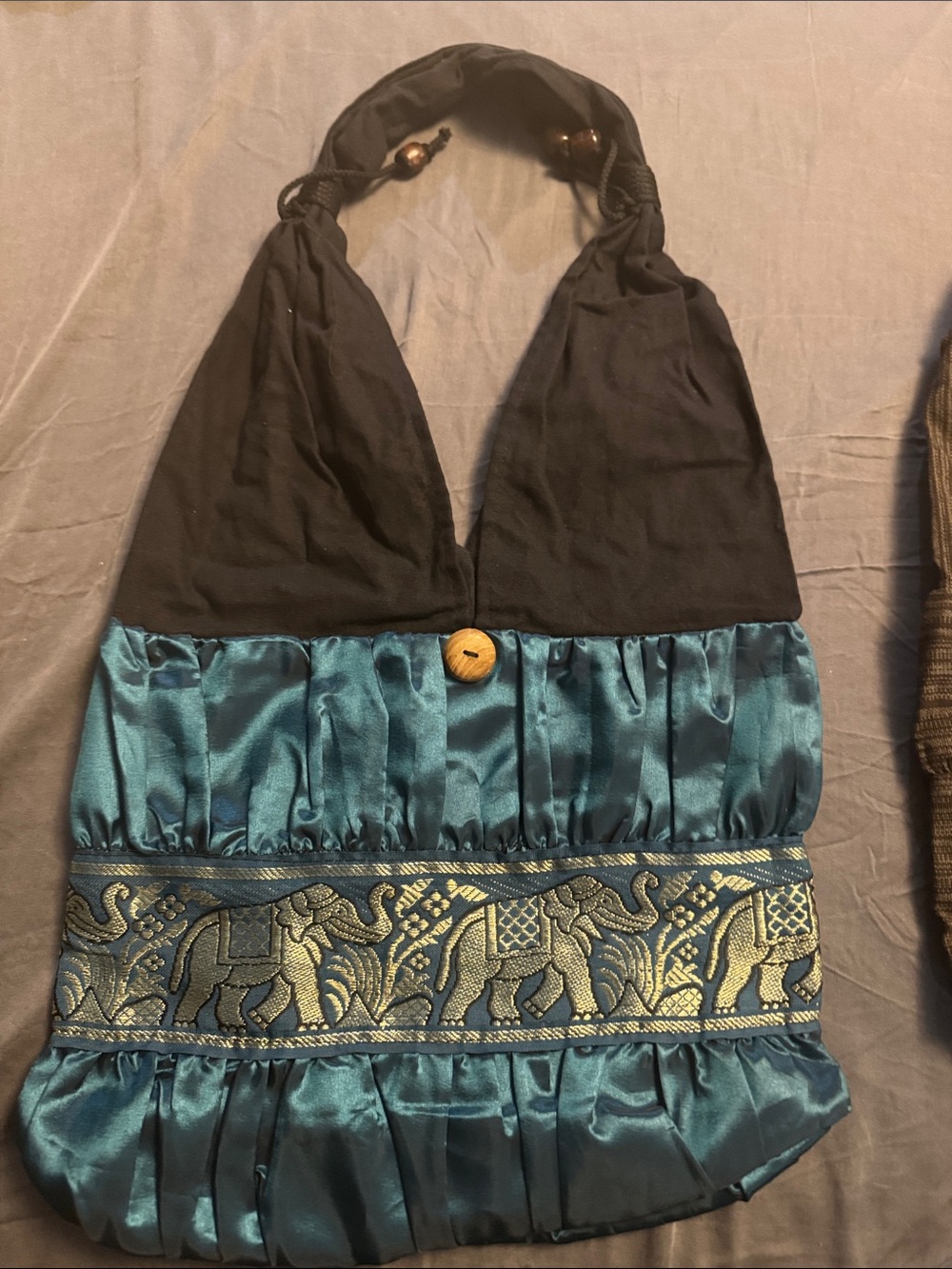 Women’s Teal and Black Halter Bag with Embroidered Elephant Band
